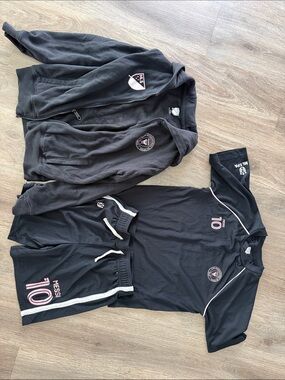 Kids Black Soccer Tee, Shorts & Zip Hoodie Set with Pink Accents